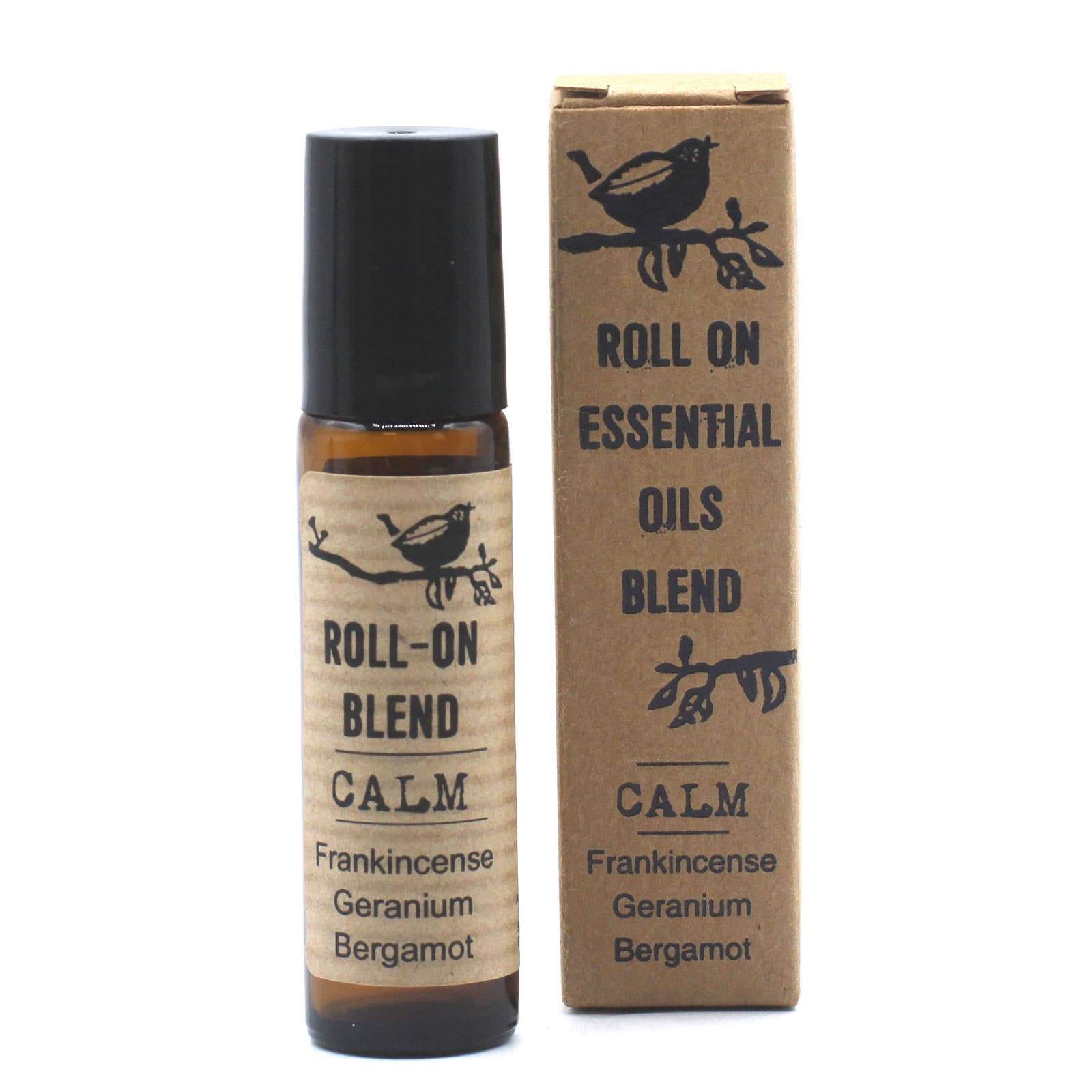 A roll-on blend calm essential oil in a small dark bottle with  the text 'Frankincense, Geranium, Bergamot.' beside its box on a white background