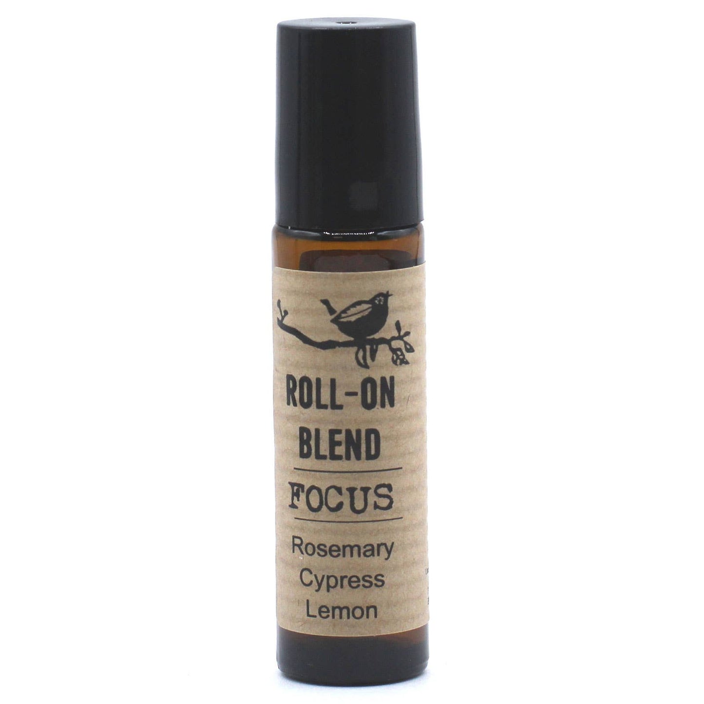 A roll-on blend essential oil in a 10ml bottle with a label that has text and an illustration of a bird perched on a branch, indicating a rosemary cypress lemon scent.