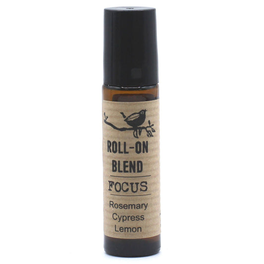 A roll-on blend essential oil in a 10ml bottle with a label that has text and an illustration of a bird perched on a branch, indicating a rosemary cypress lemon scent.
