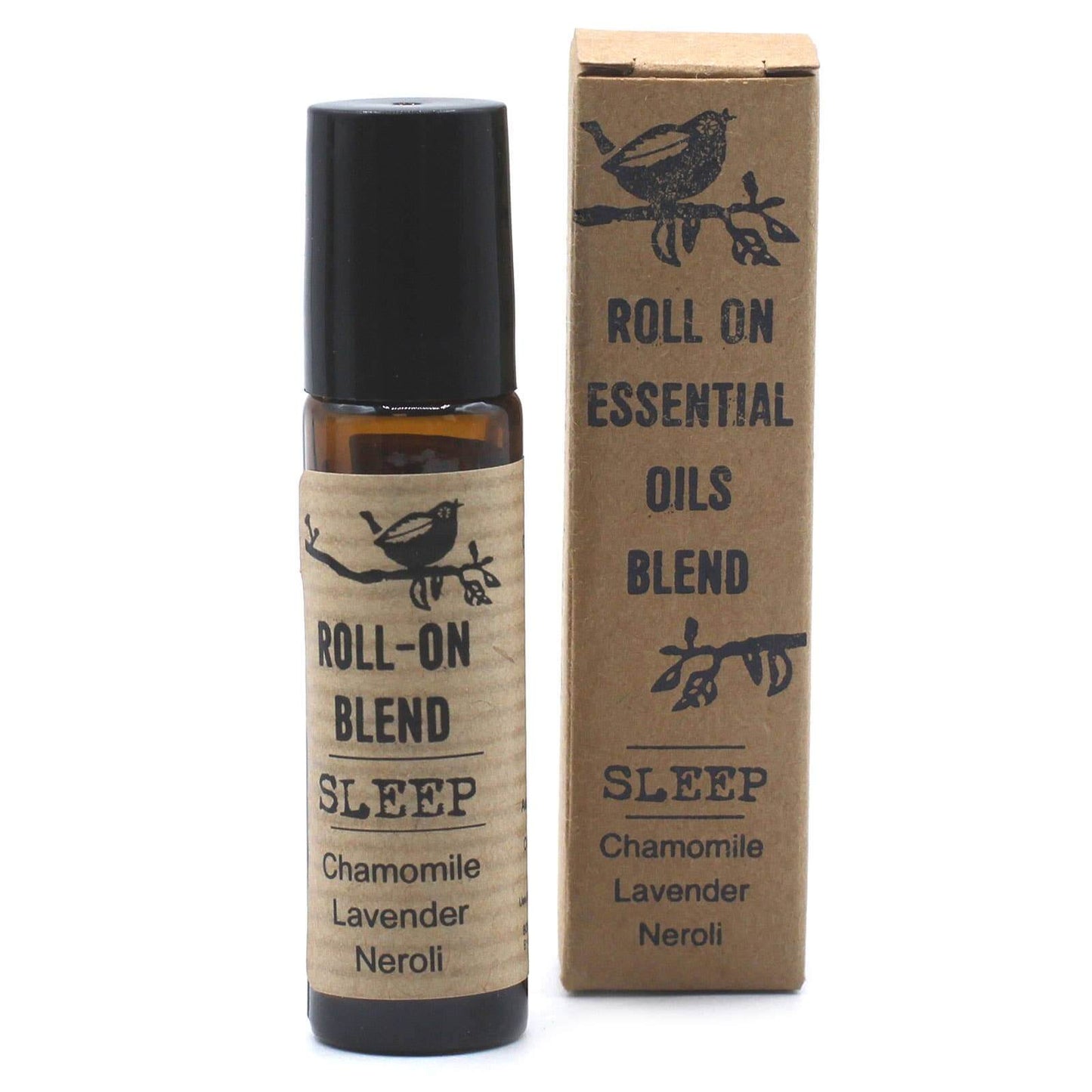 Image shoeing the Roll on Blend Sleep essential oil bottle sitting beside its box on a white background