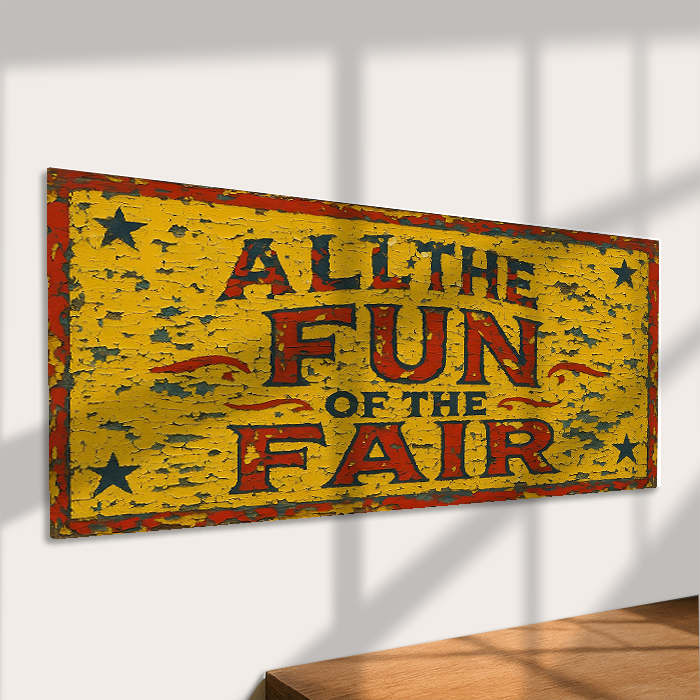 Vintage-style sign with 'All the Fun of the Fair' text on a yellow background.