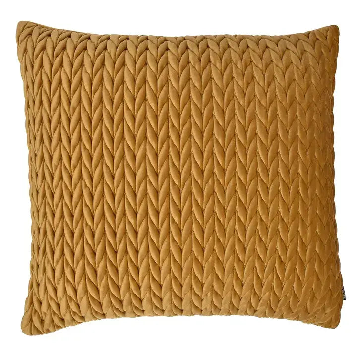 A square decorative throw pillow in a textured mustard yellow fabric with a raised chevron pattern, shown against a plain white background.