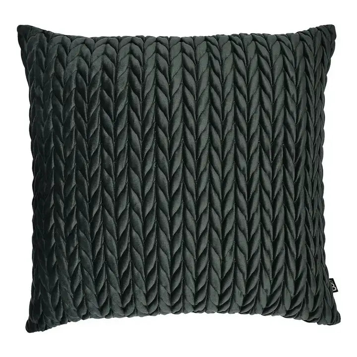 A square dark charcoal gray textured throw pillow with a raised chevron cable knit pattern, shown against a plain white background.