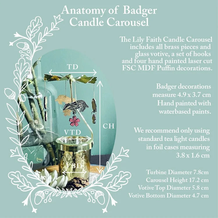 Diagram of a badger candle carousel with measurements and details on a light blue background.