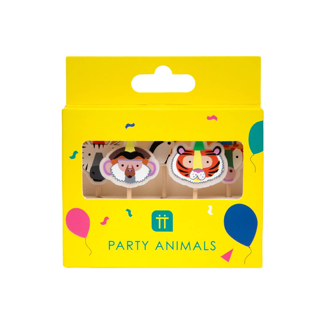 Packaged birthday candles with cartoon animal designs on a yellow background