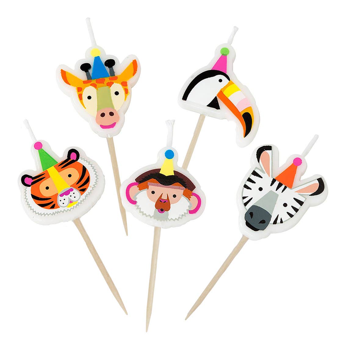 Set of colorful animal-themed birthday candles on sticks against a white background