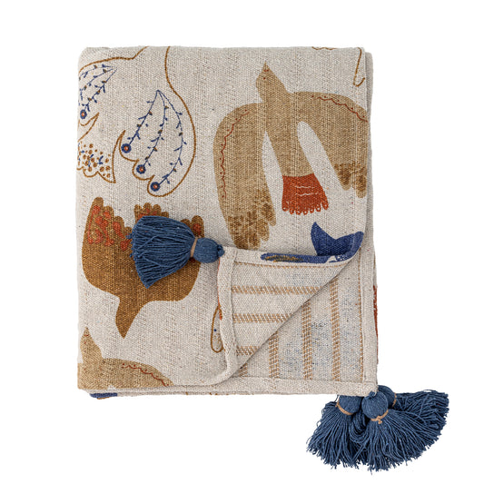 Bloomingville Recycled Cotton Throw. Bird Print Eco-Friendly Home Décor. Folded and on a white background