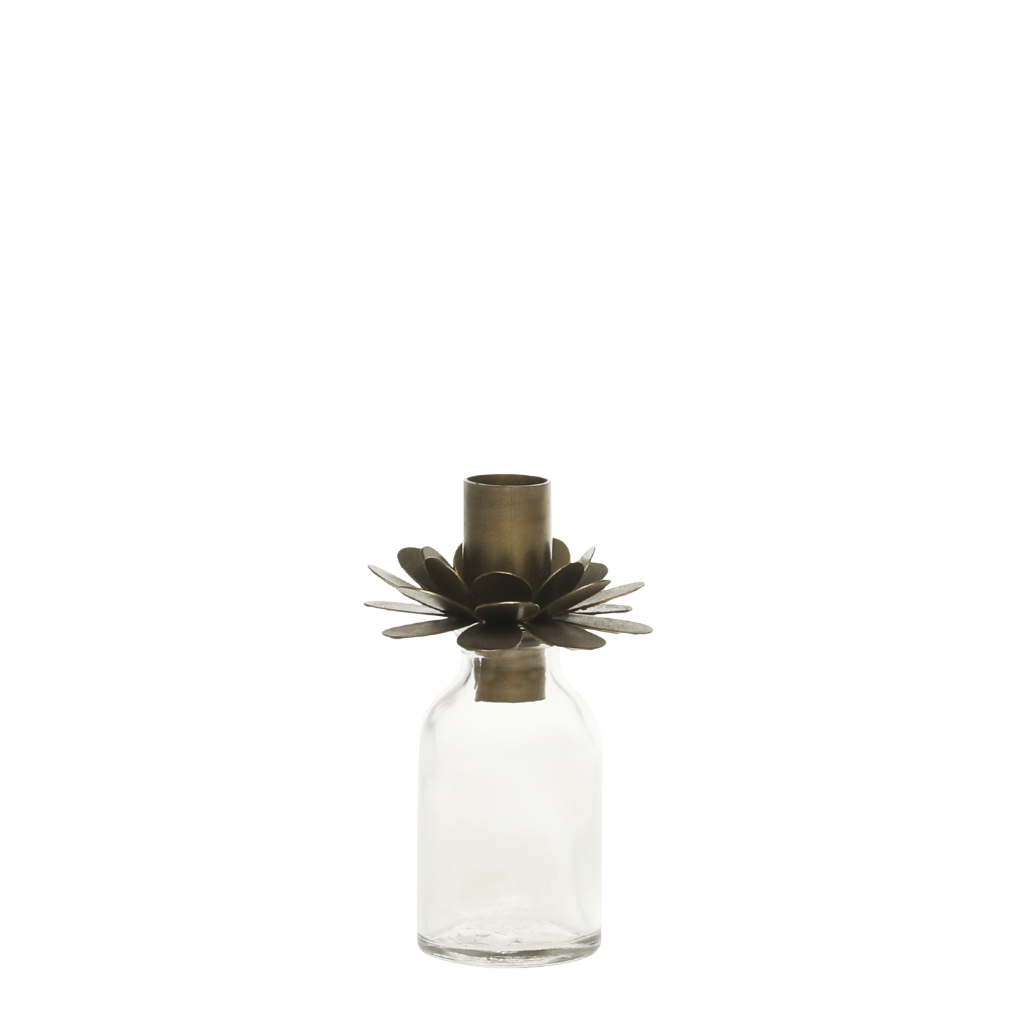 Clear glass bottle with a decorative metal cap on a white background