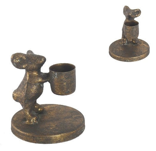 A small mouse-shaped candlestick holder and cup in an antique bronze finish, shown from two angles on a plain white background.