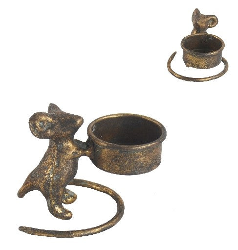 A small decorative metal  mouse t light candle holder, shown in two views on a plain white background. The item appears to be antique brass or bronze-toned metal.
