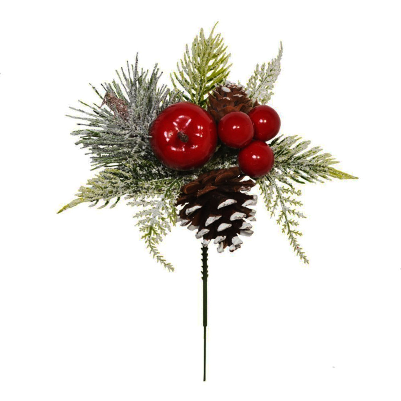 Decorative Christmas stem with red berries and pine cones on a white background