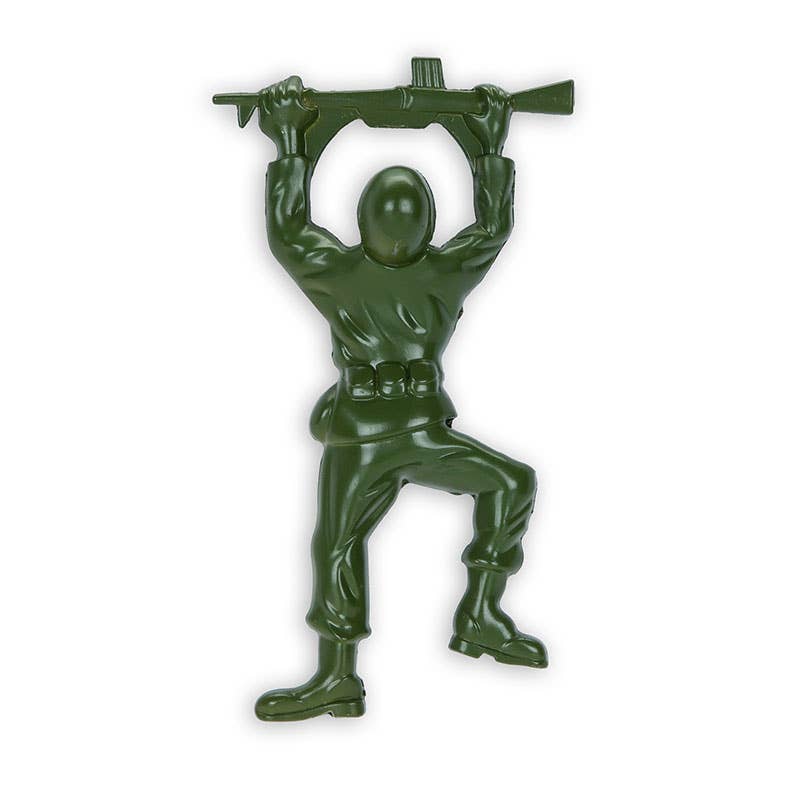 Green toy soldier figure bottle opener holding a rifle on a white background