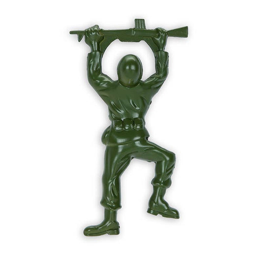 Green toy soldier figure bottle opener holding a rifle on a white background
