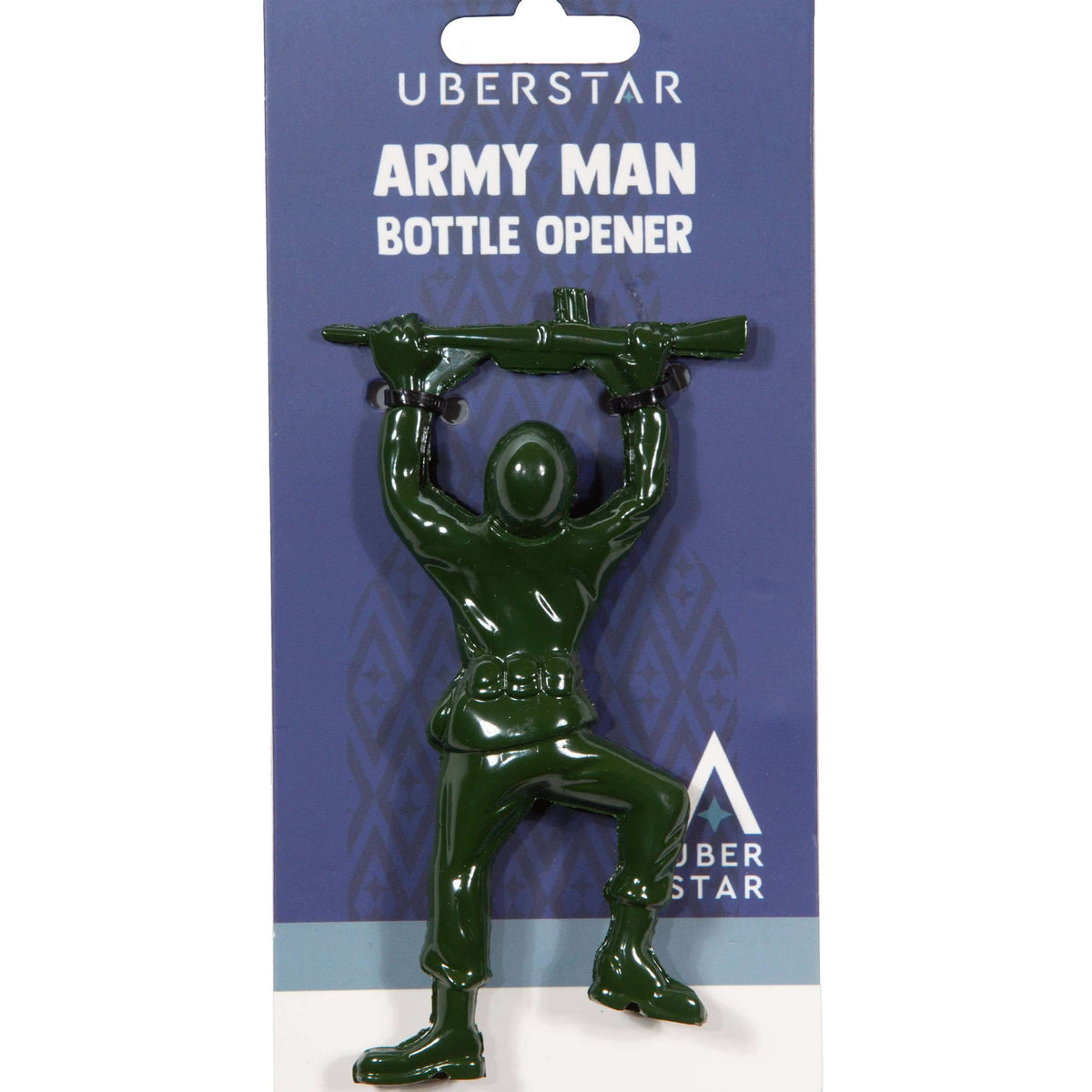Green army man bottle opener on a blue card with 'Uberstar' branding