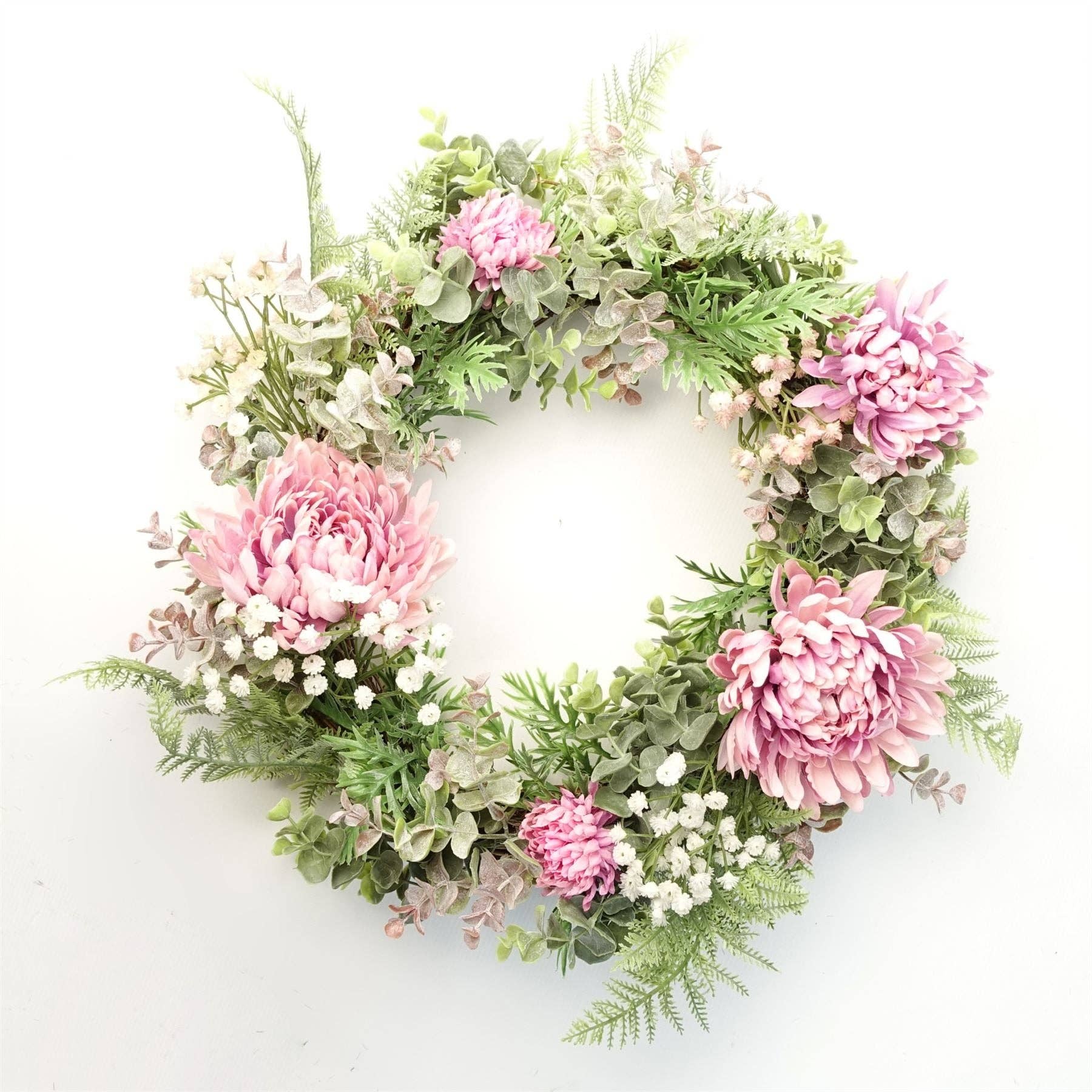 Floral wreath with pink flowers and greenery on a white background