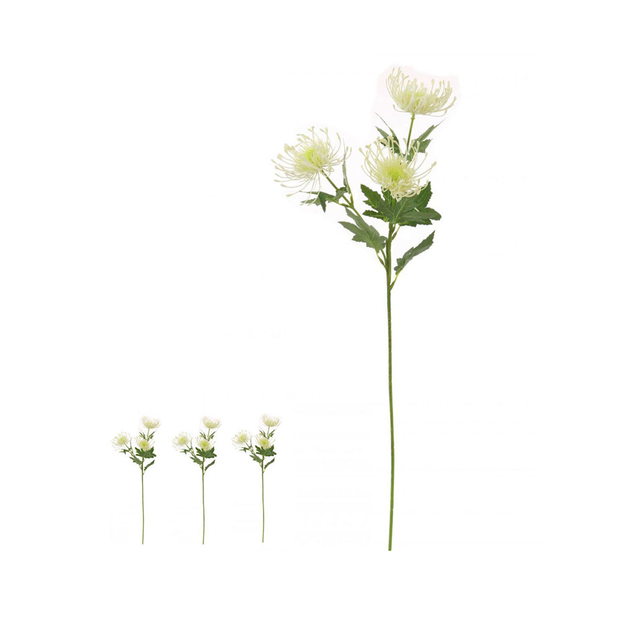 Set of artificial flowers with green stems on a white background