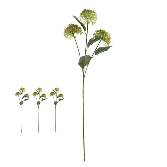 Artificial flower stem with green leaves and buds on a white background