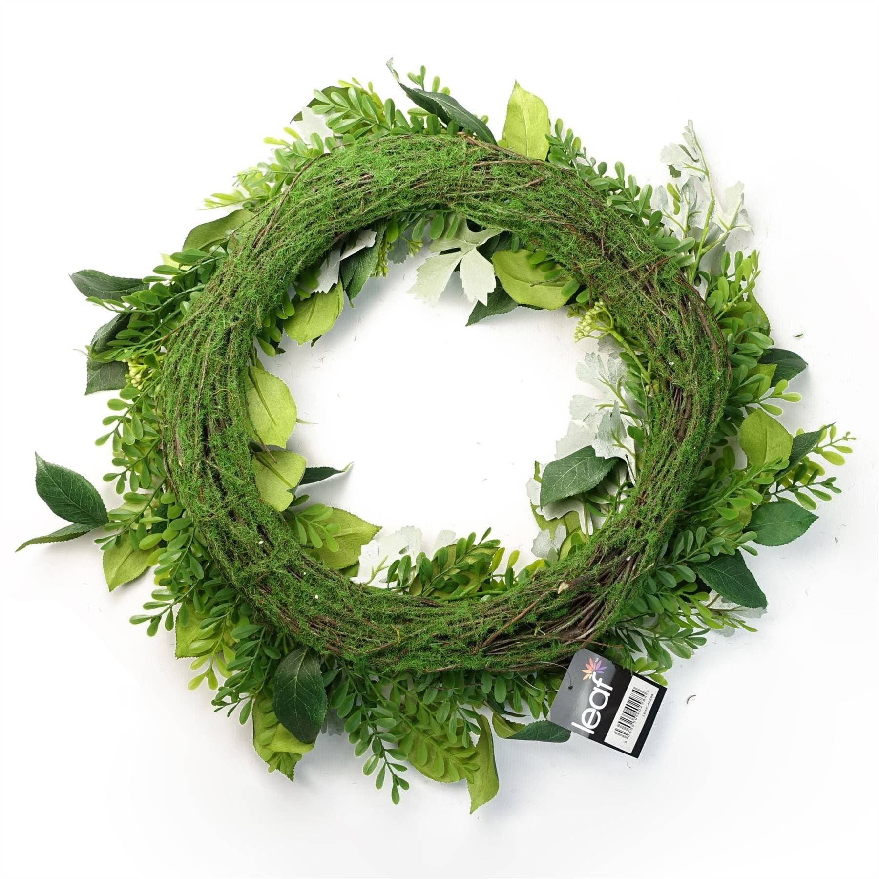 Green leaf wreath with a visible brand tag on a white background