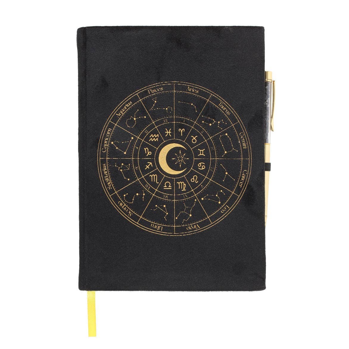 Black notebook with gold astrological symbols on a white background