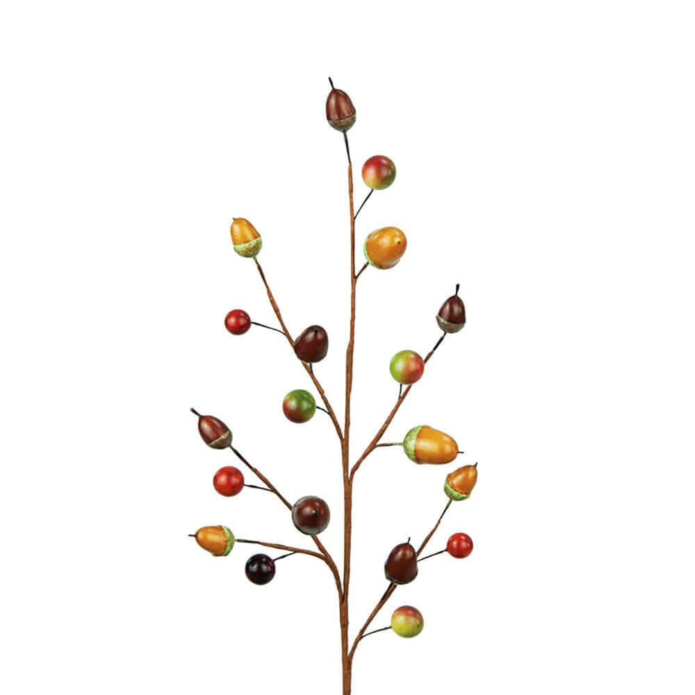 A decorative faux acorn branch with multiple brown stems, some topped with dark brown acorns and others with a mix of red, green, and orange berries, isolated on a white background.