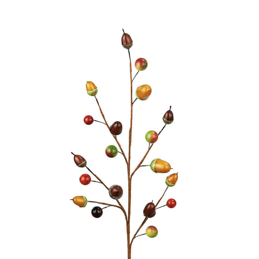 A decorative faux acorn branch with multiple brown stems, some topped with dark brown acorns and others with a mix of red, green, and orange berries, isolated on a white background.