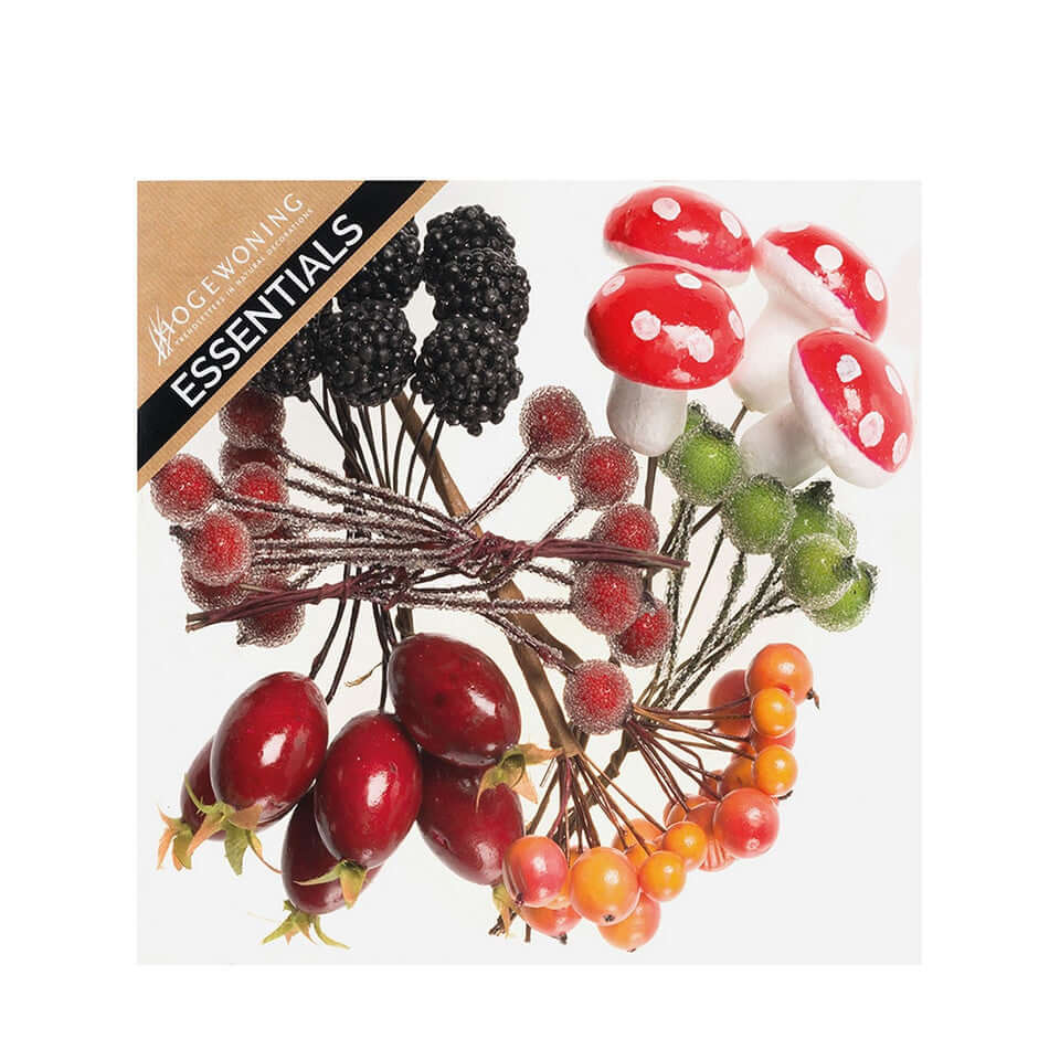 Assorted decorative items including berries, mushrooms, and blackberries on a white background with 'Frogg Waving Essentials' branding.