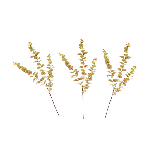 Set of four artificial eucalyptus branches on a white background