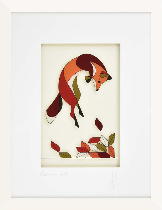 Framed artwork of a stylized fox among autumn leaves on a white background