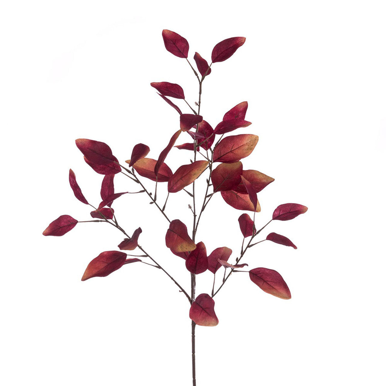 Artificial Juneberry branch with red leaves on a white background