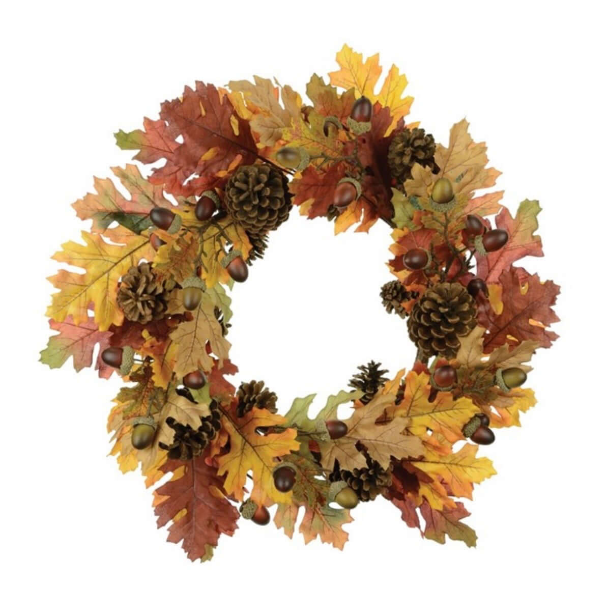 An autumn-themed decorative wreath made of faux oak leaves in shades of yellow, orange, red, and brown, accented with pinecones, acorns, and small green leaves, shown on a plain white background.