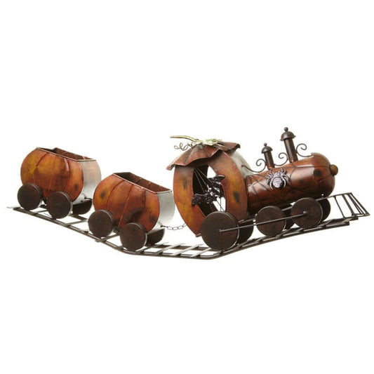 Metal train model with three carriages on a white background