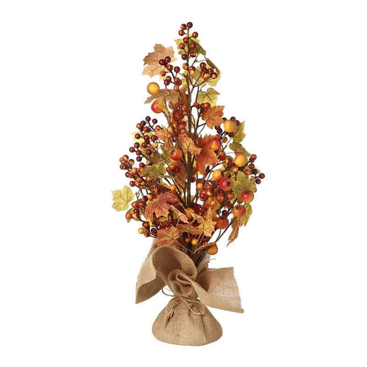 Artificial fall foliage with berries and leaves tied with burlap on a white background