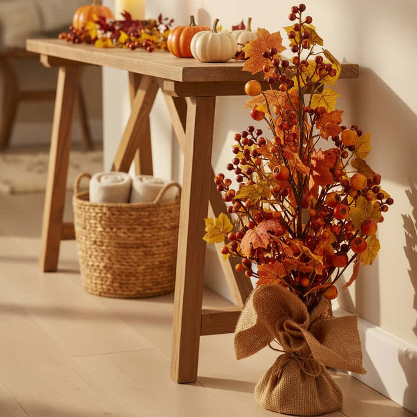 Artificial fall foliage with berries and leaves tied with burlap in a hallway
