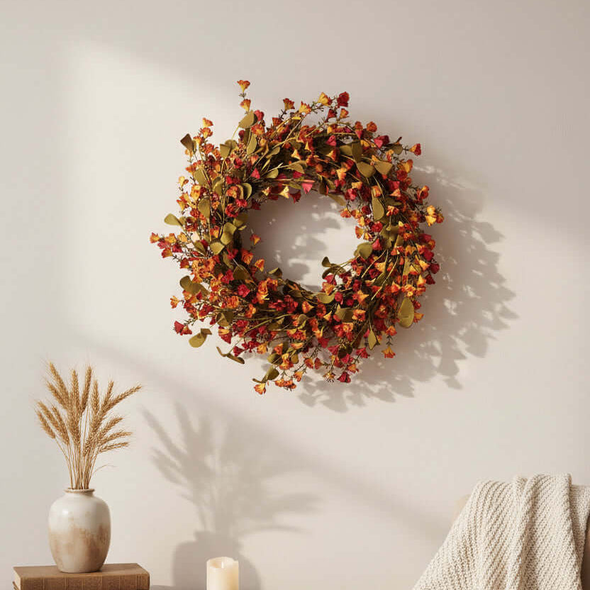 Decorative wreath with autumnal leaves and flowers on a living room wall
