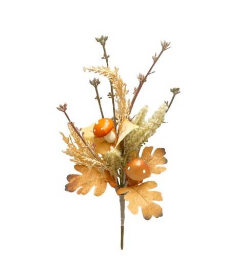 An artificial autumn floral stem featuring dried oak leaves, feathery grasses, small brown twigs, and two orange acorns on a solid white background.