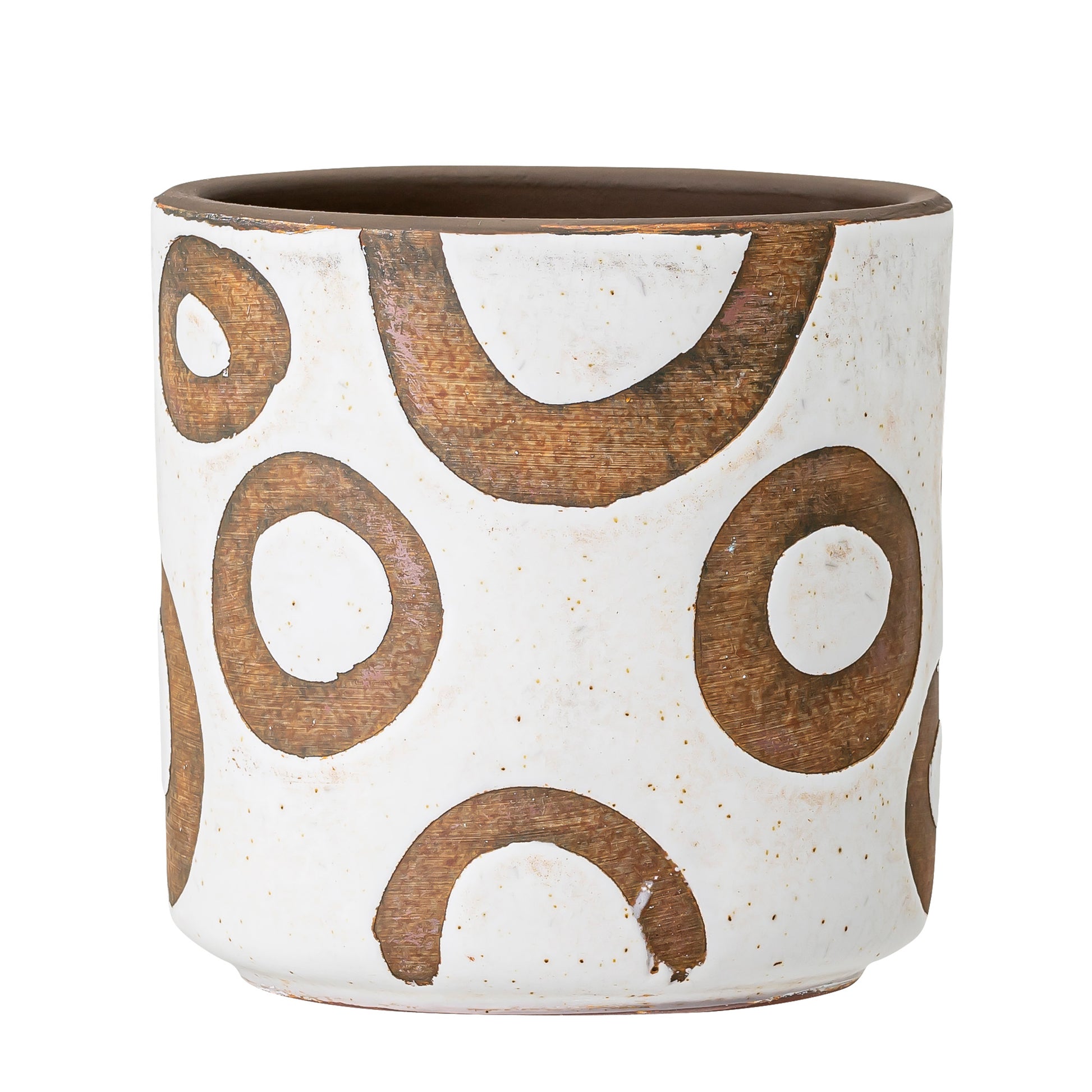 Ceramic pot with brown circular patterns on a white background. Side view