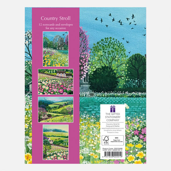 Pack of notecards with scenic illustrations and a pink border, featuring the 'The Gifted Stationery Company' branding.