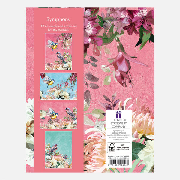 Pack of Symphony notecards with floral and bird designs on a pink background