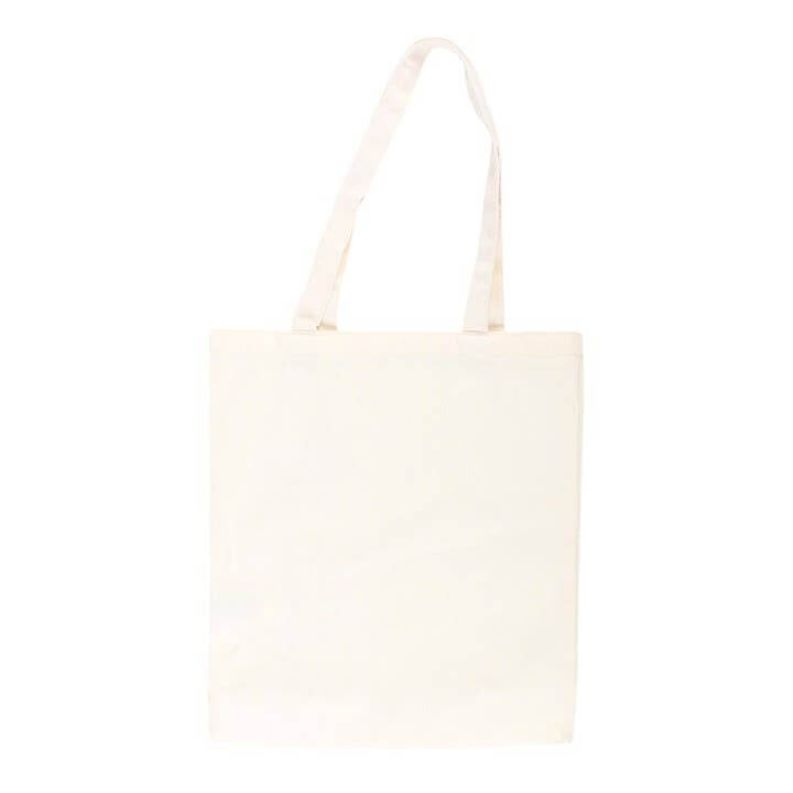 A plain off-white canvas tote bag with two long handles, shown against a solid white background.
