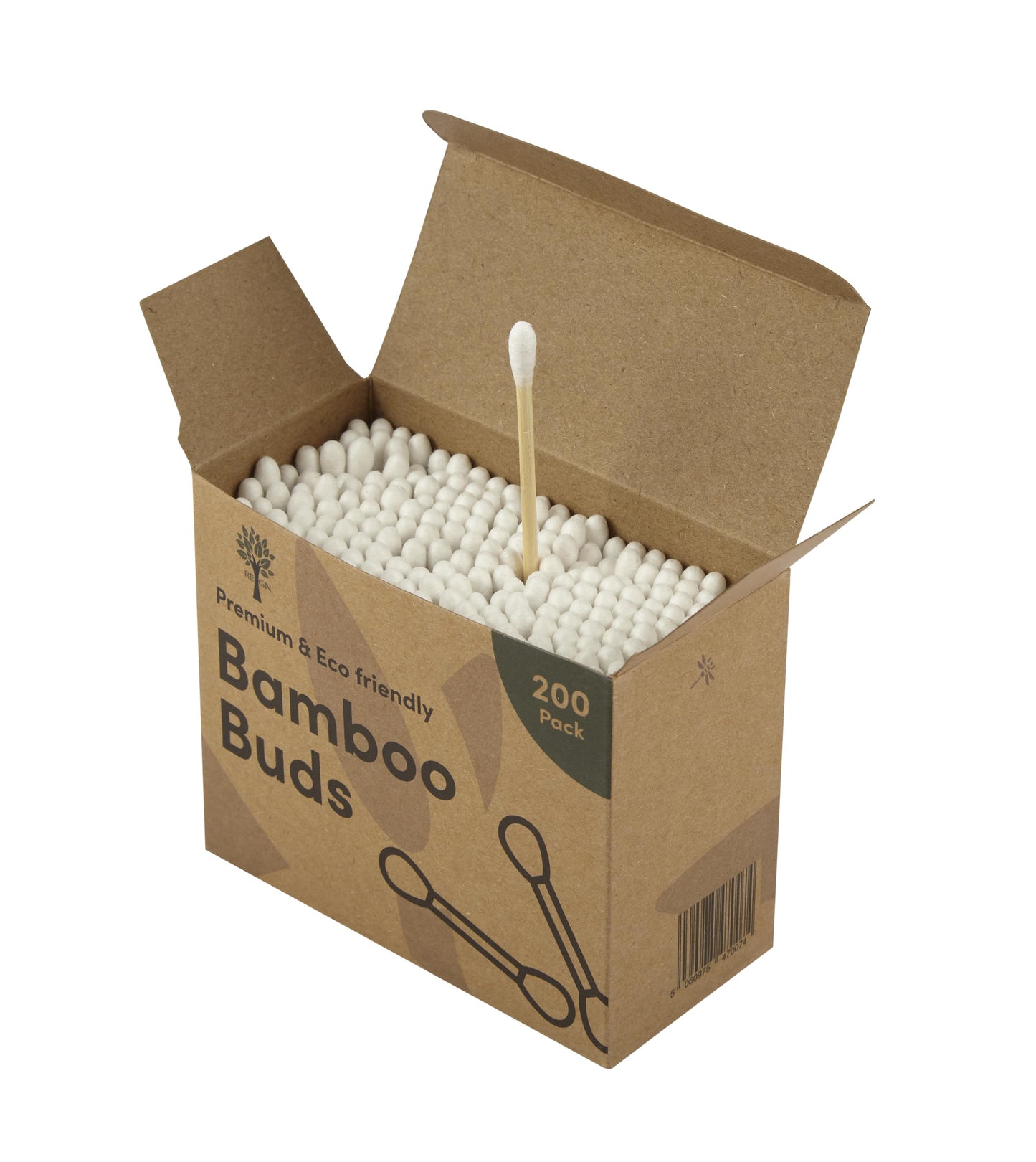 Box of bamboo buds with a single bud sticking out on a white background