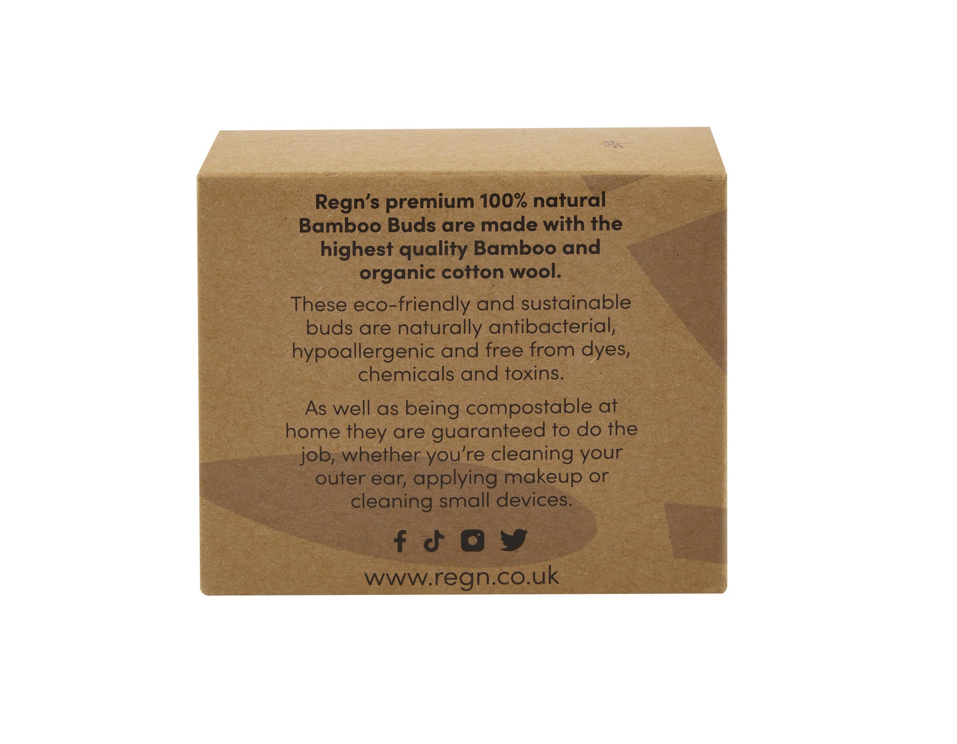 Brown box with text about Regn's premium 100% natural Bamboo Buds on a white background