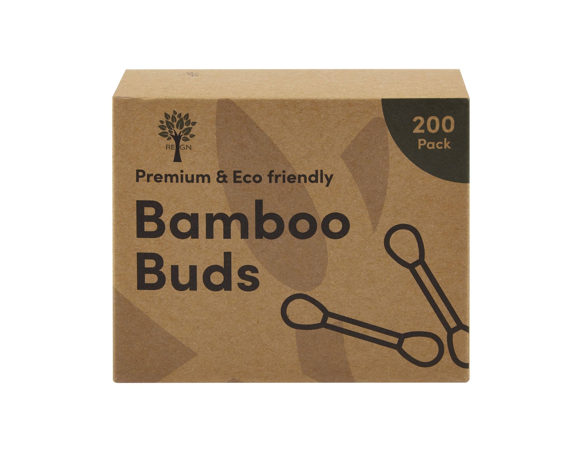 Box of bamboo buds with eco-friendly label on a white background