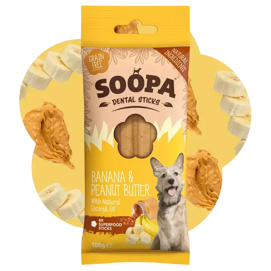 Soopa Dental Sticks packaging with banana and peanut butter illustrations on a pink background