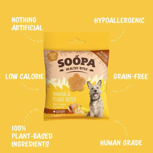 Package of Soopa Healthy Bites dog treats on a yellow background with text highlighting features.