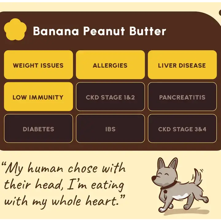 A digital graphic banner for a pet supplement called 'Banana Peanut Butter'. The top half features a dark brown header with yellow and dark brown informational cards listing health conditions like weight issues, allergies, liver disease, diabetes, and IBS.