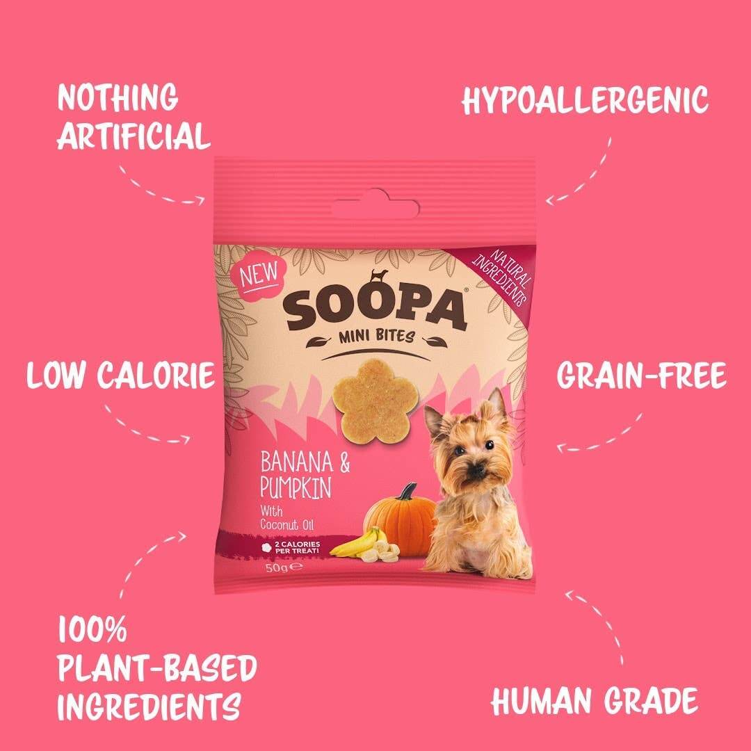 Packaging for SOOPA Banana & Pumpkin Mini Bites, highlighting key features such as hypoallergenic, grain-free, low calorie, plant-based ingredients, and human-grade. The package contains an image of a dog and the treats, along with text explaining the product's benefits.