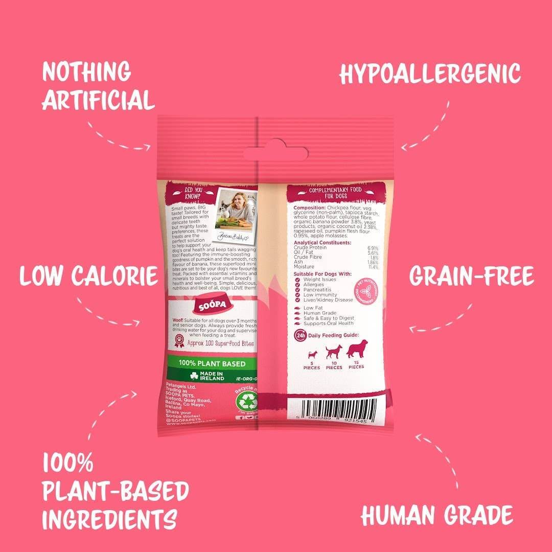 Back of a pack of dog bites with ingredients