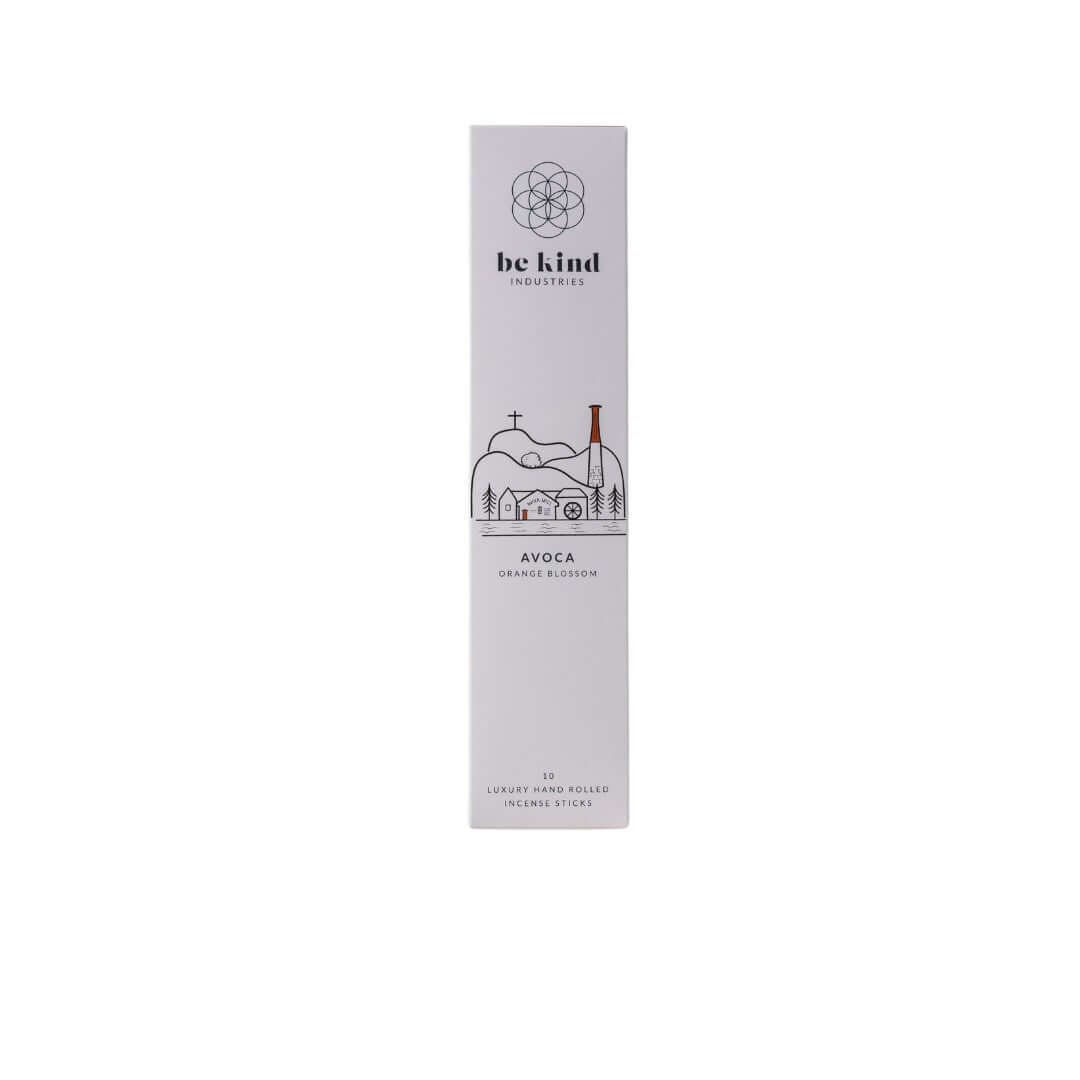 A package of Be Kind brand incense sticks, labeled 'Avoca- Orange Blossom' with a minimalist design.