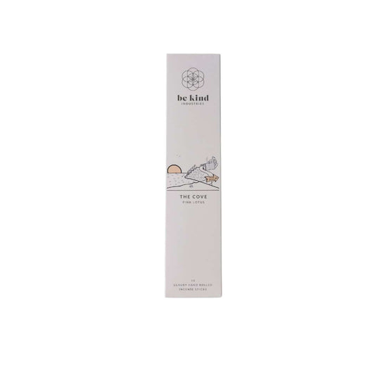A package of Be Kind brand incense sticks, labeled 'The Cove - Pink Lotus' with a minimalist design.