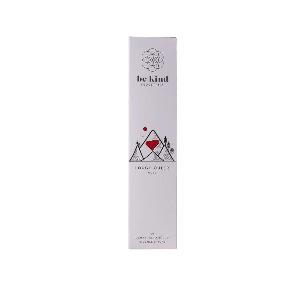 Packaging of 'Lough Ouler Rose' incense sticks featuring a minimalist design with a mountain and heart graphic, indicating the scent direction of rose and sandalwood.